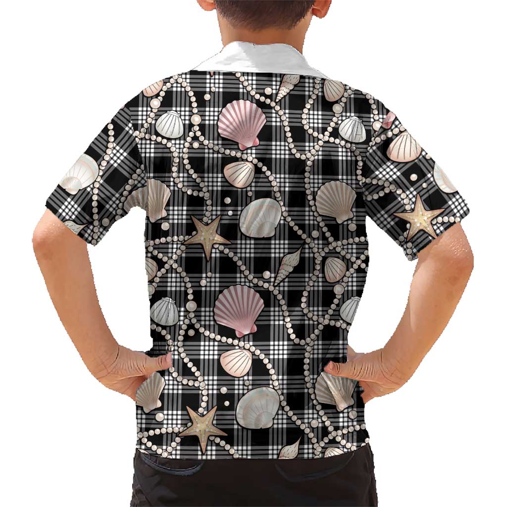 Hawaiian Ocean Seashells Family Matching Off The Shoulder Long Sleeve Dress and Hawaiian Shirt Black Palaka Pattern