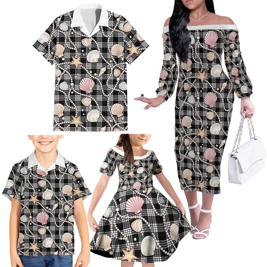 Hawaiian Ocean Seashells Family Matching Off The Shoulder Long Sleeve Dress and Hawaiian Shirt Black Palaka Pattern