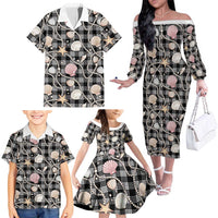 Hawaiian Ocean Seashells Family Matching Off The Shoulder Long Sleeve Dress and Hawaiian Shirt Black Palaka Pattern