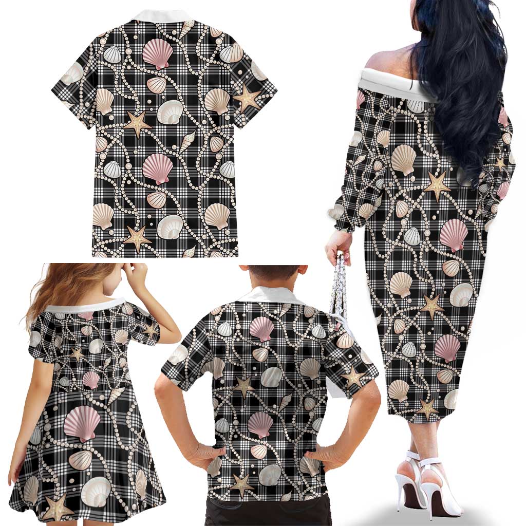 Hawaiian Ocean Seashells Family Matching Off The Shoulder Long Sleeve Dress and Hawaiian Shirt Black Palaka Pattern