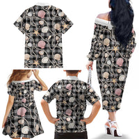 Hawaiian Ocean Seashells Family Matching Off The Shoulder Long Sleeve Dress and Hawaiian Shirt Black Palaka Pattern