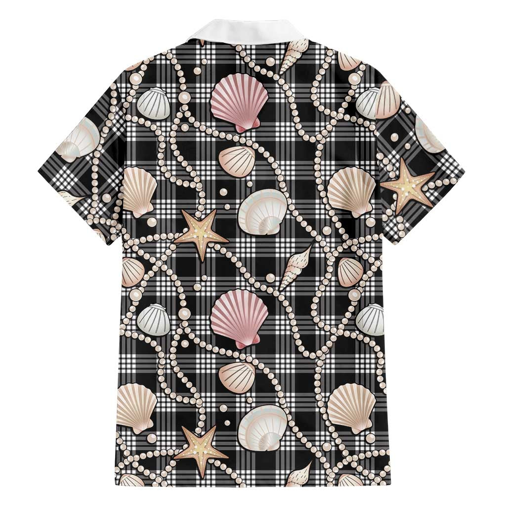 Hawaiian Ocean Seashells Family Matching Off The Shoulder Long Sleeve Dress and Hawaiian Shirt Black Palaka Pattern