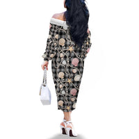 Hawaiian Ocean Seashells Family Matching Off The Shoulder Long Sleeve Dress and Hawaiian Shirt Black Palaka Pattern