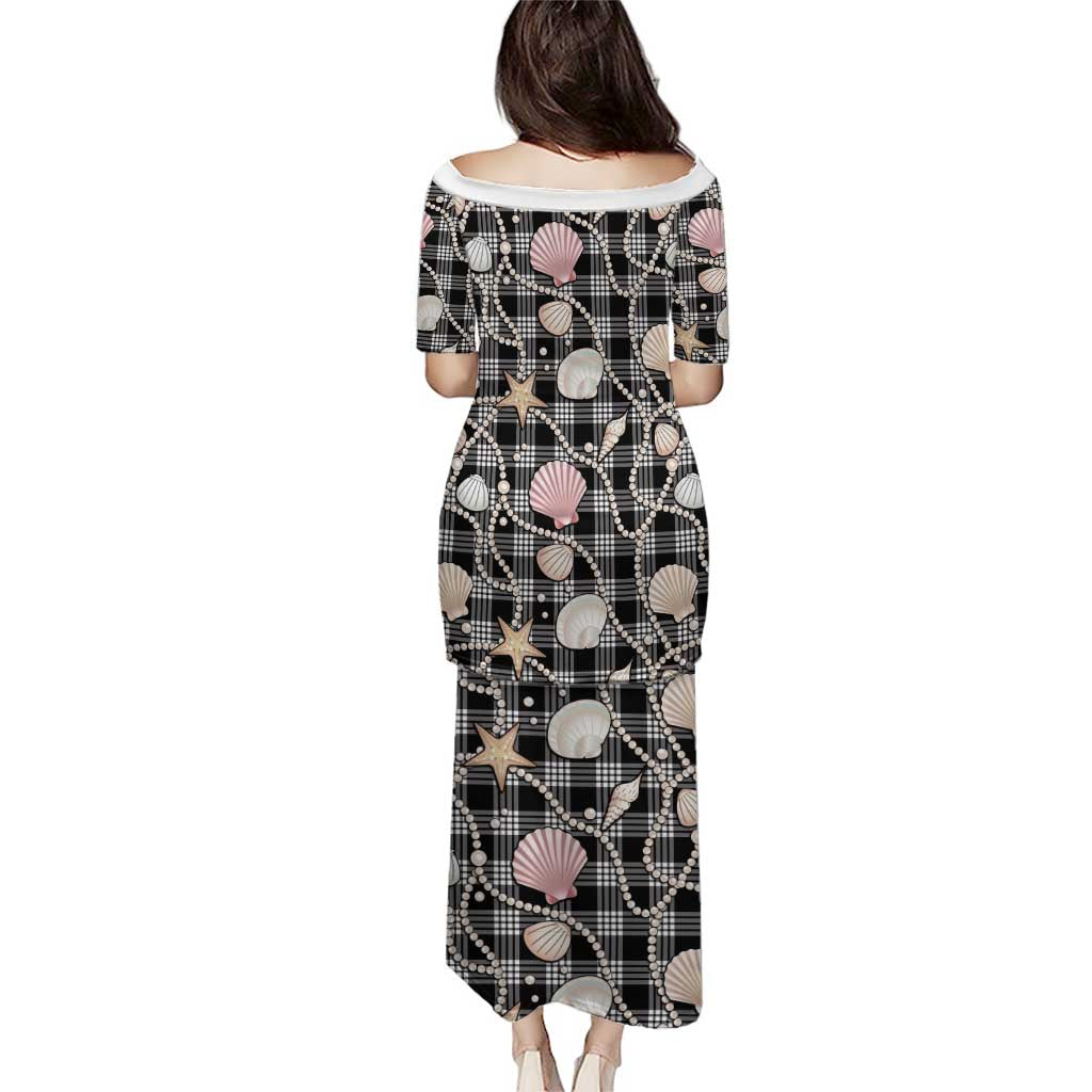 Hawaiian Ocean Seashells Family Matching Puletasi and Hawaiian Shirt Black Palaka Pattern LT01 - Polynesian Pride