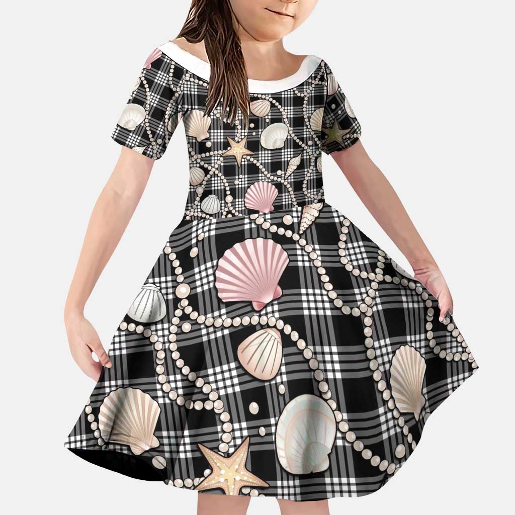 Hawaiian Ocean Seashells Family Matching Short Sleeve Bodycon Dress and Hawaiian Shirt Black Palaka Pattern