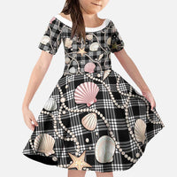 Hawaiian Ocean Seashells Family Matching Short Sleeve Bodycon Dress and Hawaiian Shirt Black Palaka Pattern