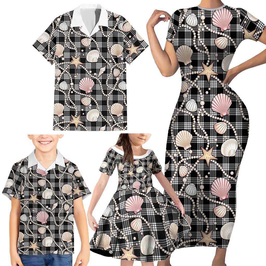 Hawaiian Ocean Seashells Family Matching Short Sleeve Bodycon Dress and Hawaiian Shirt Black Palaka Pattern