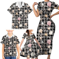 Hawaiian Ocean Seashells Family Matching Short Sleeve Bodycon Dress and Hawaiian Shirt Black Palaka Pattern