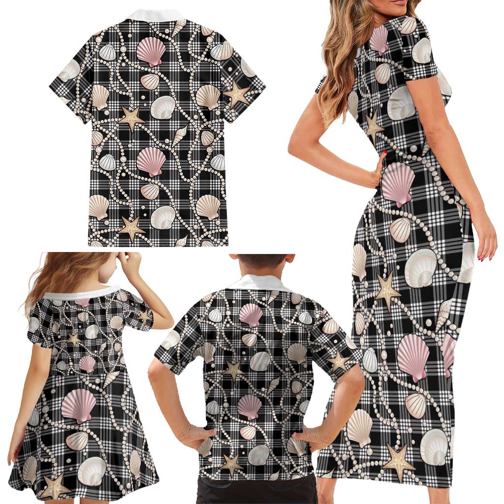 Hawaiian Ocean Seashells Family Matching Short Sleeve Bodycon Dress and Hawaiian Shirt Black Palaka Pattern