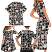 Hawaiian Ocean Seashells Family Matching Short Sleeve Bodycon Dress and Hawaiian Shirt Black Palaka Pattern