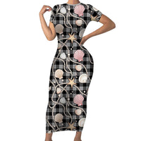 Hawaiian Ocean Seashells Family Matching Short Sleeve Bodycon Dress and Hawaiian Shirt Black Palaka Pattern