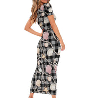 Hawaiian Ocean Seashells Family Matching Short Sleeve Bodycon Dress and Hawaiian Shirt Black Palaka Pattern
