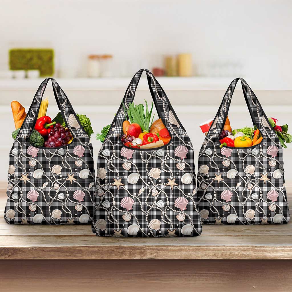 Hawaiian Ocean Seashells Grocery Bag Black Palaka Pattern