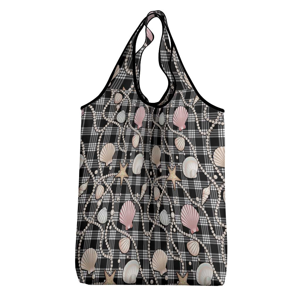 Hawaiian Ocean Seashells Grocery Bag Black Palaka Pattern