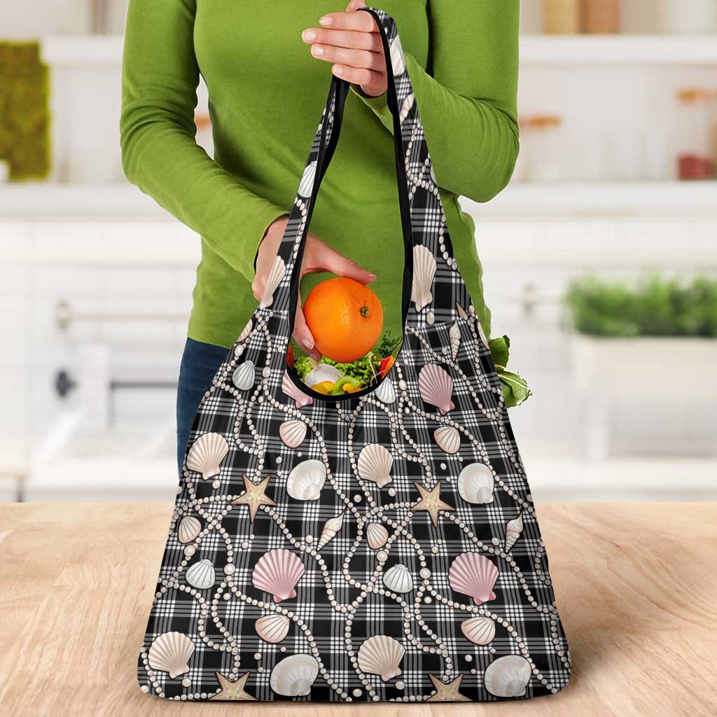 Hawaiian Ocean Seashells Grocery Bag Black Palaka Pattern