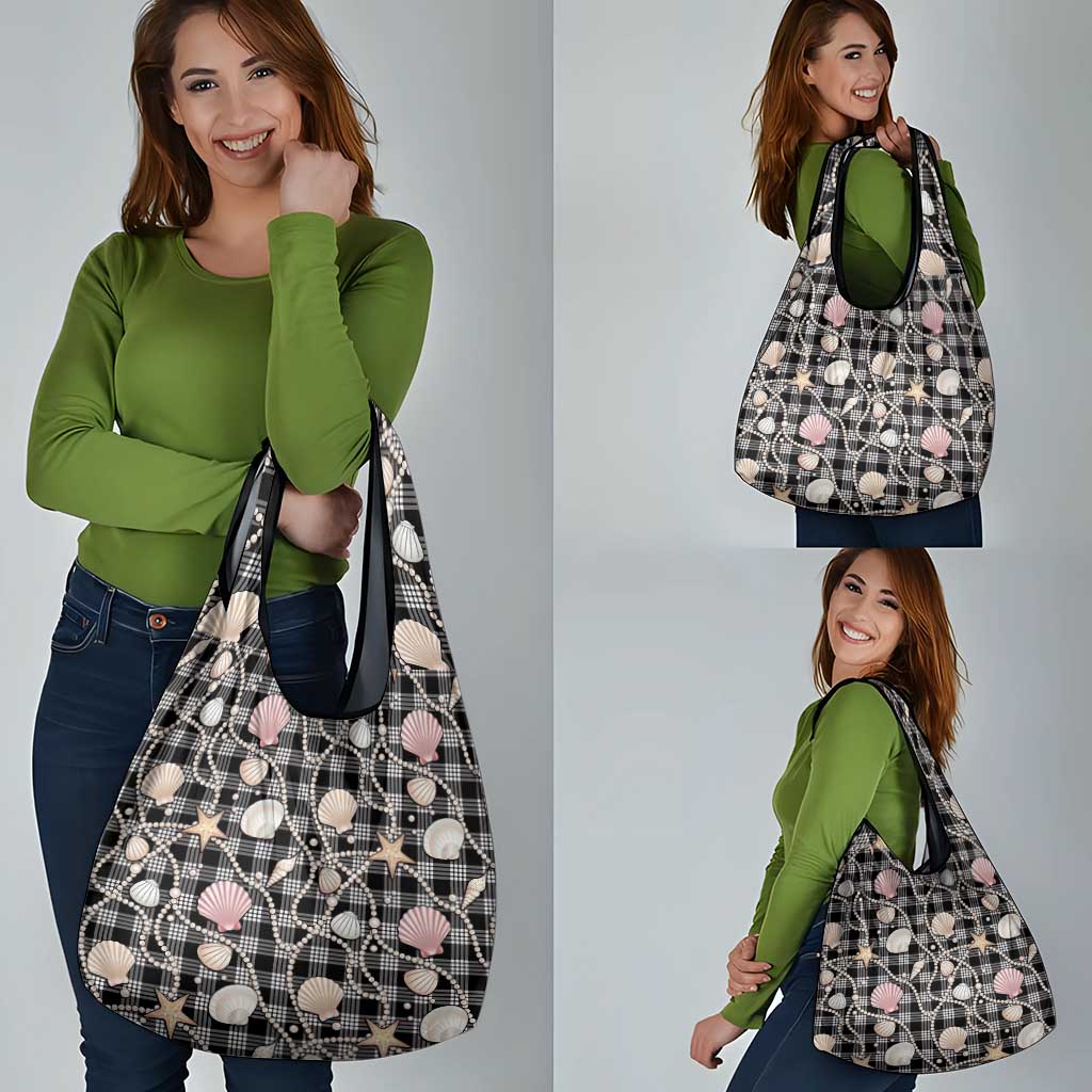 Hawaiian Ocean Seashells Grocery Bag Black Palaka Pattern