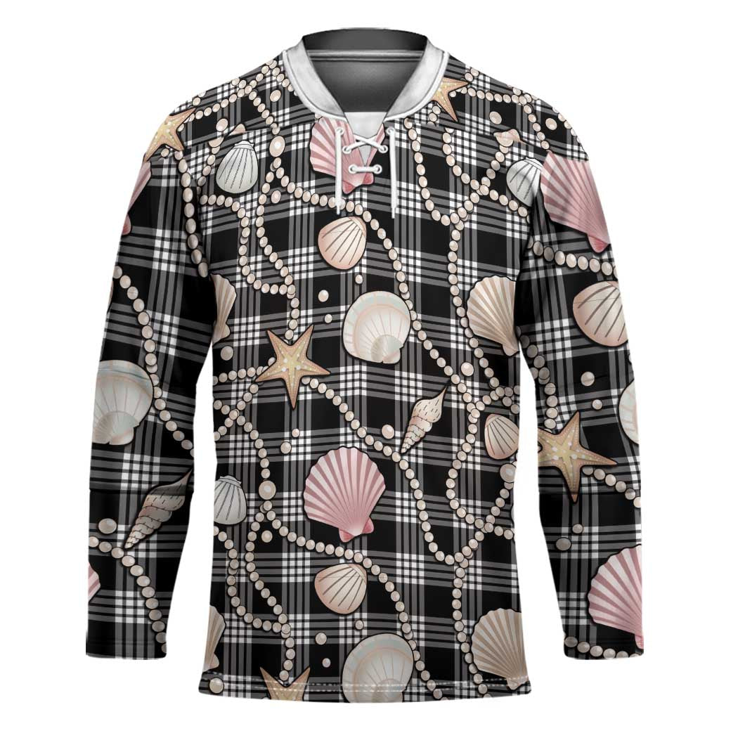 Hawaiian Ocean Seashells Hockey Jersey Black Palaka Pattern LT01 Unisex Black - Polynesian Pride