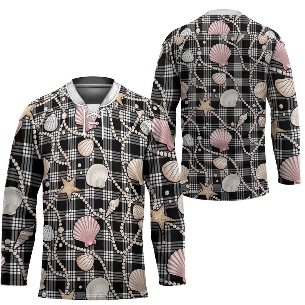 Hawaiian Ocean Seashells Hockey Jersey Black Palaka Pattern LT01 - Polynesian Pride