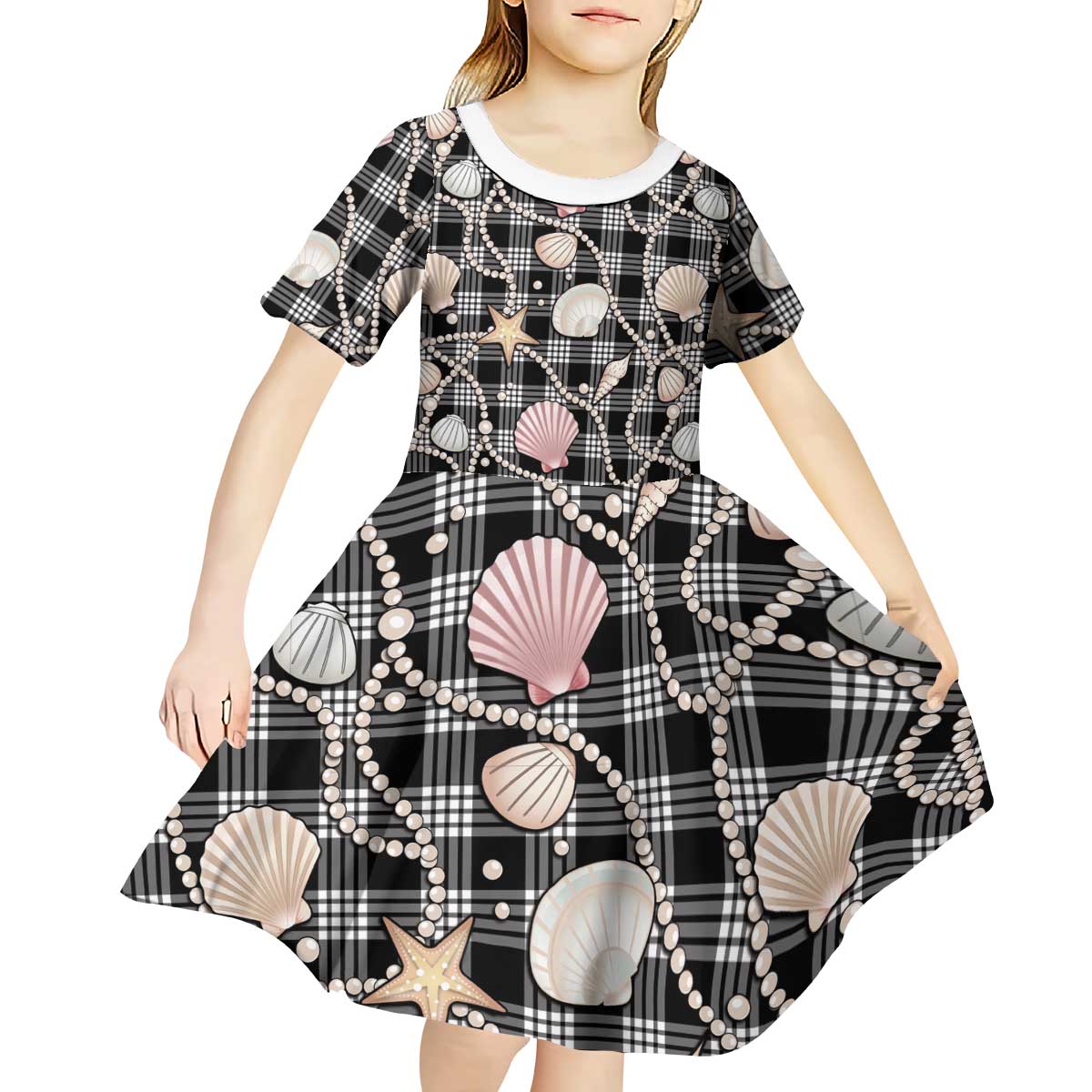 Hawaiian Ocean Seashells Kid Short Sleeve Dress Black Palaka Pattern