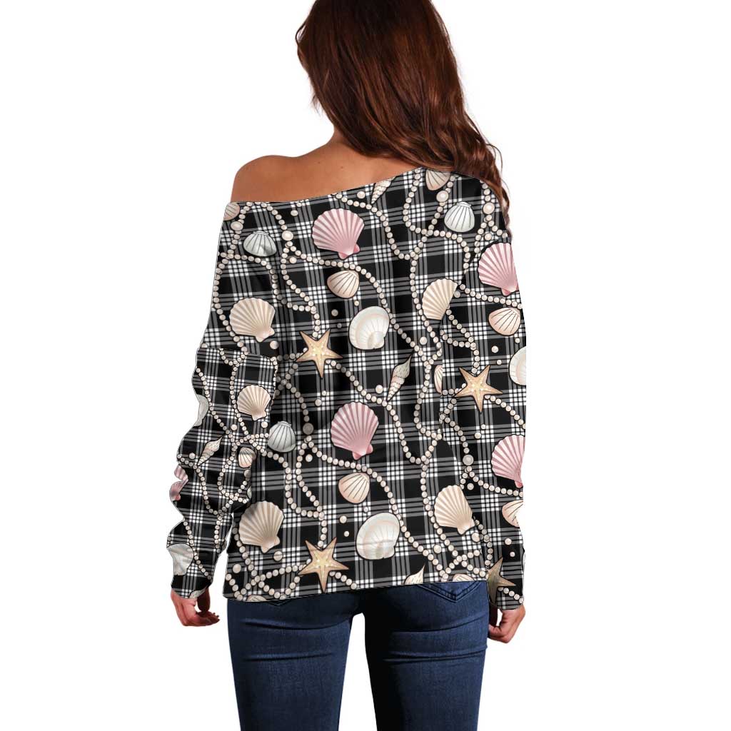 Hawaiian Ocean Seashells Off Shoulder Sweater Black Palaka Pattern