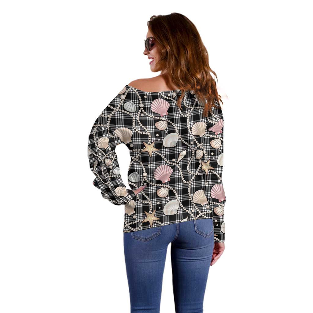 Hawaiian Ocean Seashells Off Shoulder Sweater Black Palaka Pattern