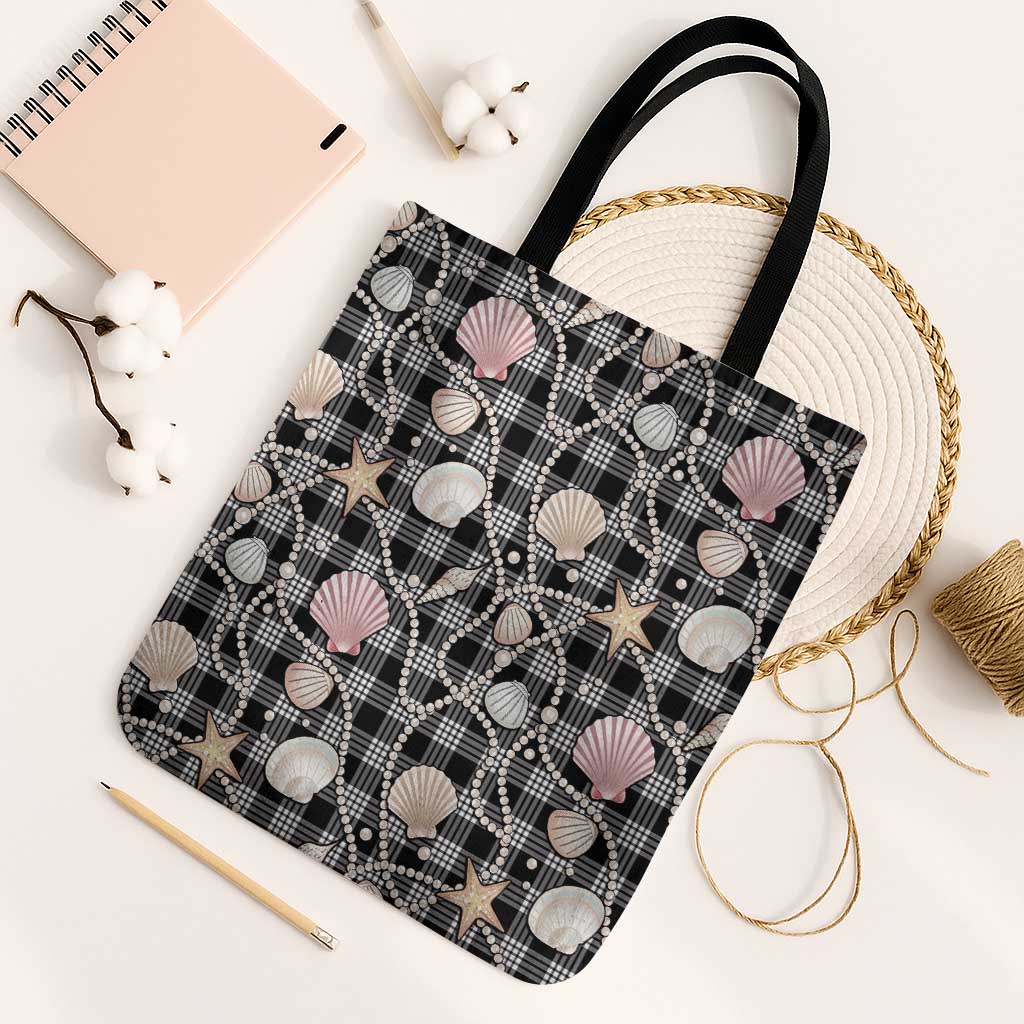 Hawaiian Ocean Seashells Tote Bag Black Palaka Pattern LT01 Black Strap One Size Black - Polynesian Pride