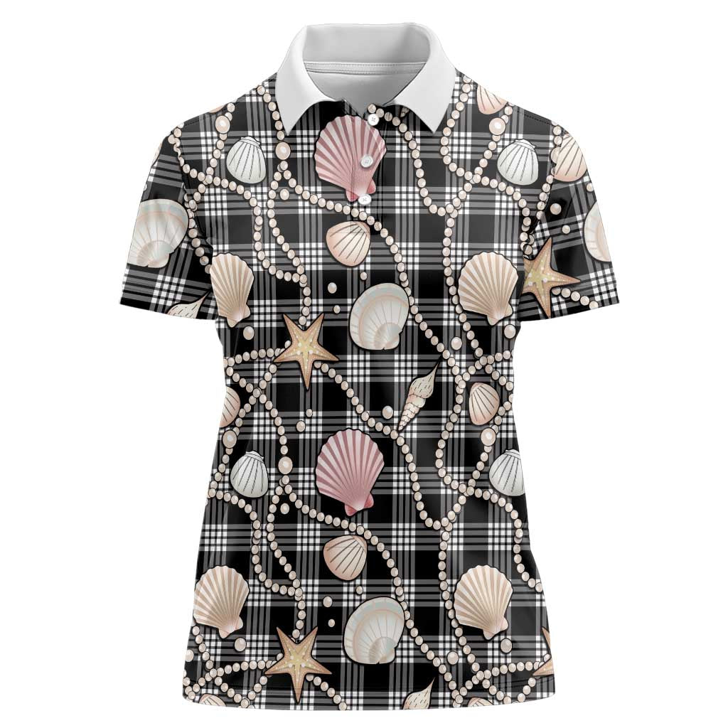 Hawaiian Ocean Seashells Women Polo Shirt Black Palaka Pattern LT01 Female Black - Polynesian Pride