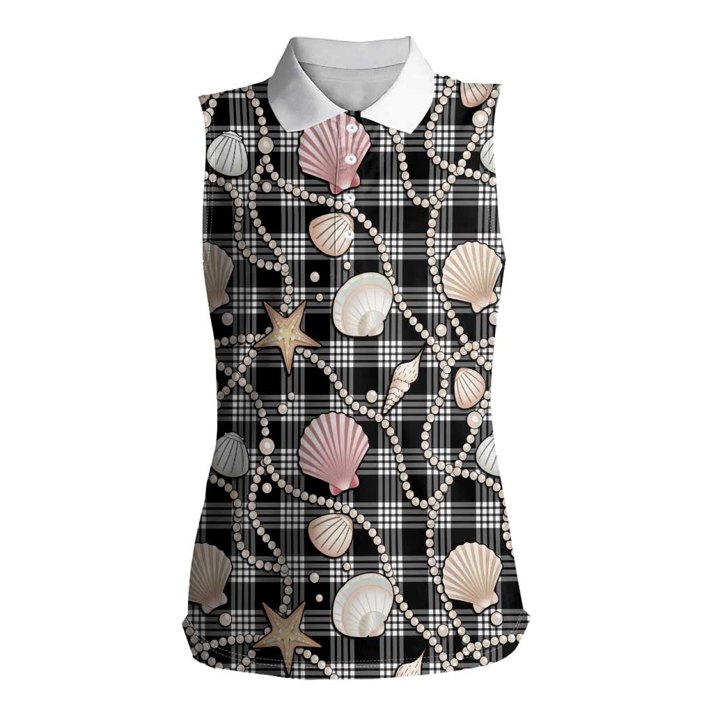 Hawaiian Ocean Seashells Women Sleeveless Polo Shirt Black Palaka Pattern