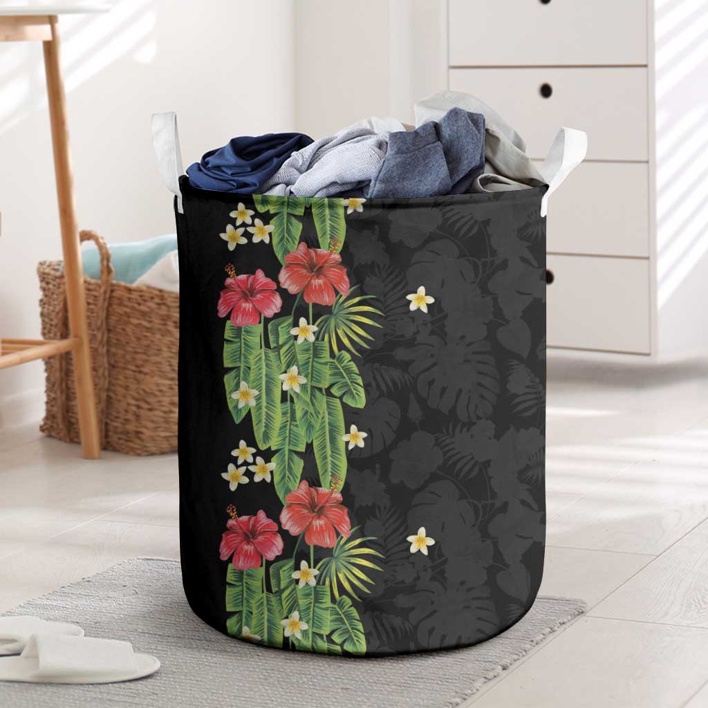 Hawaiian Hibiscus Plumeria Laundry Basket Tropical Leaves LT01 Black - Polynesian Pride