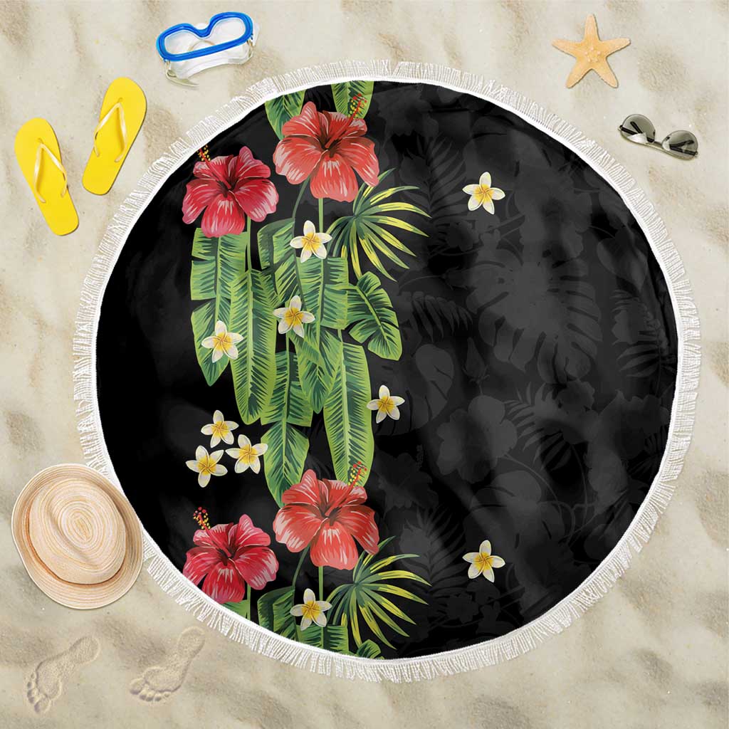 Hawaiian Hibiscus Plumeria Beach Blanket Tropical Leaves LT01 One Size 150cm Black - Polynesian Pride