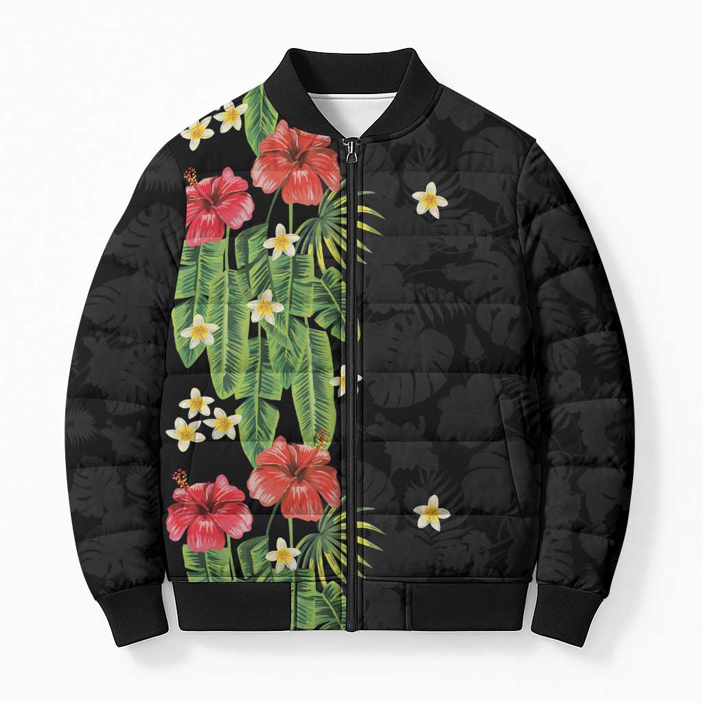 Hawaiian Hibiscus Plumeria Bomber Puffer Jacket Tropical Leaves LT01 Unisex Black - Polynesian Pride