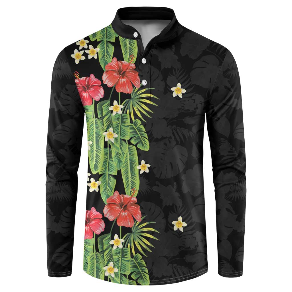 Hawaiian Hibiscus Plumeria Button Sweatshirt Tropical Leaves LT01 Black - Polynesian Pride