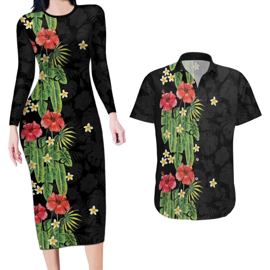 Hawaiian Hibiscus Plumeria Couples Matching Long Sleeve Bodycon Dress and Hawaiian Shirt Tropical Leaves