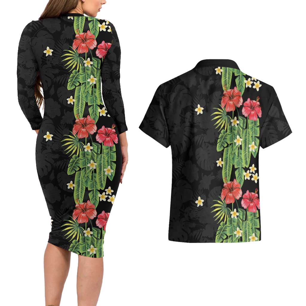 Hawaiian Hibiscus Plumeria Couples Matching Long Sleeve Bodycon Dress and Hawaiian Shirt Tropical Leaves