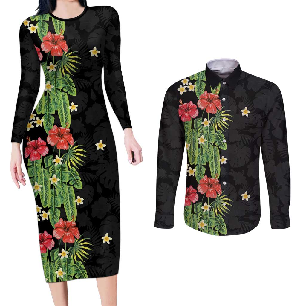 Hawaiian Hibiscus Plumeria Couples Matching Long Sleeve Bodycon Dress and Long Sleeve Button Shirt Tropical Leaves