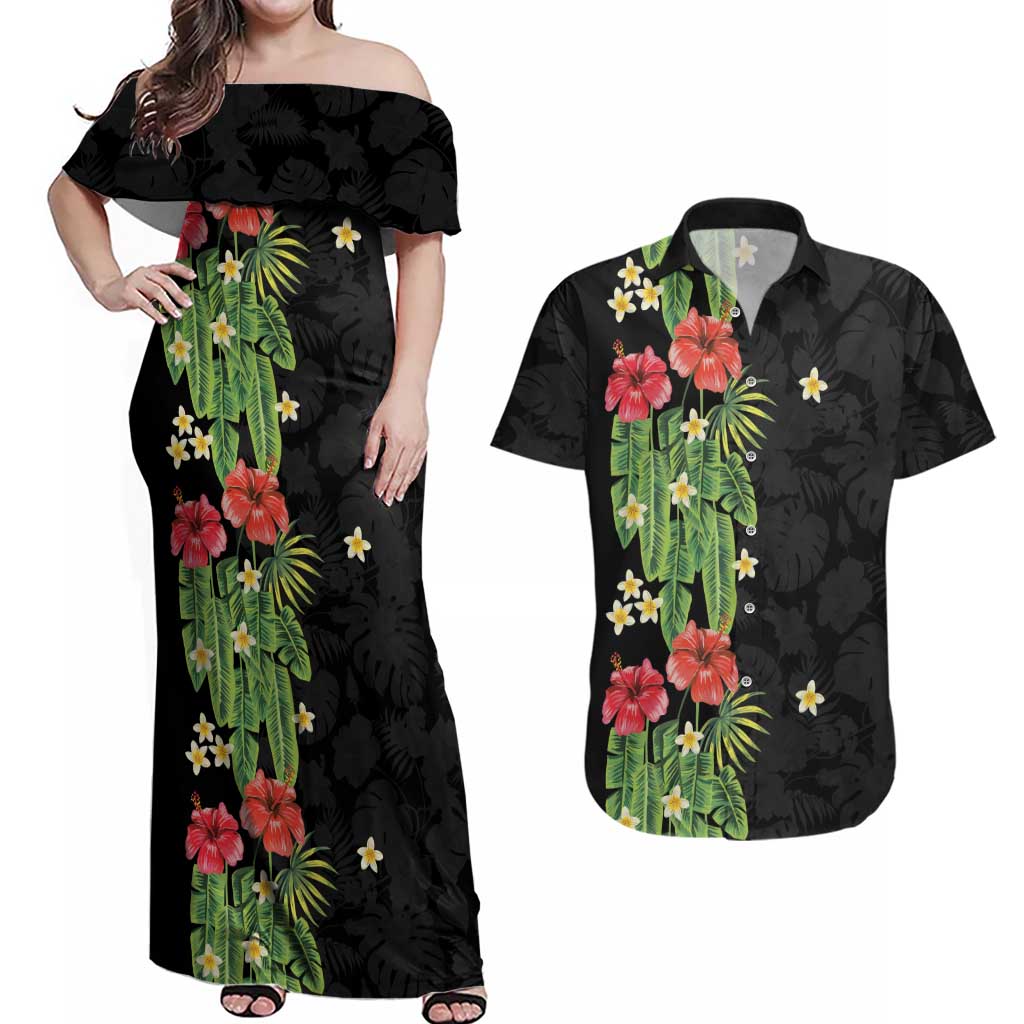 Hawaiian Hibiscus Plumeria Couples Matching Off Shoulder Maxi Dress and Hawaiian Shirt Tropical Leaves LT01 Black - Polynesian Pride