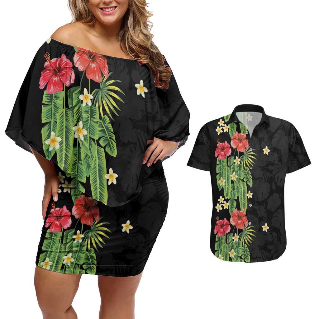 Hawaiian Hibiscus Plumeria Couples Matching Off Shoulder Short Dress and Hawaiian Shirt Tropical Leaves