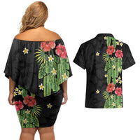 Hawaiian Hibiscus Plumeria Couples Matching Off Shoulder Short Dress and Hawaiian Shirt Tropical Leaves