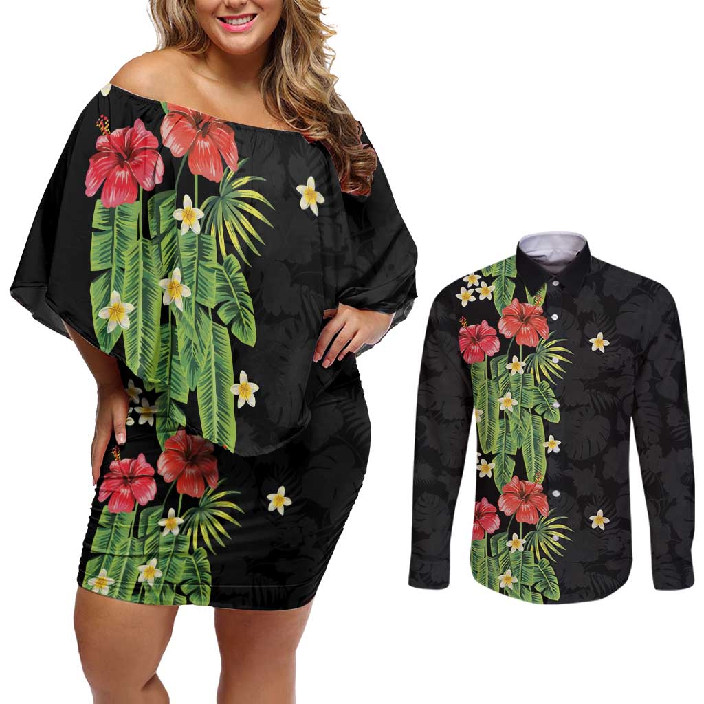 Hawaiian Hibiscus Plumeria Couples Matching Off Shoulder Short Dress and Long Sleeve Button Shirt Tropical Leaves