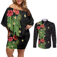 Hawaiian Hibiscus Plumeria Couples Matching Off Shoulder Short Dress and Long Sleeve Button Shirt Tropical Leaves