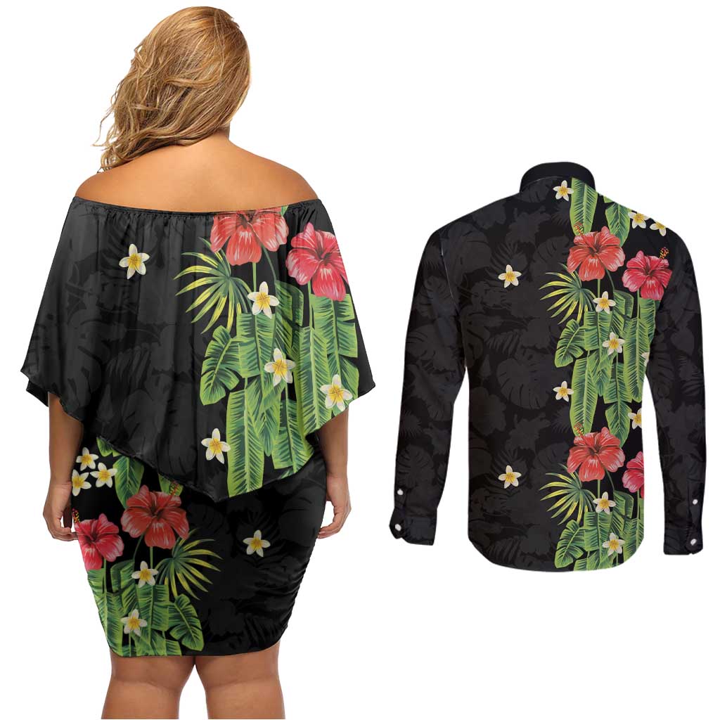 Hawaiian Hibiscus Plumeria Couples Matching Off Shoulder Short Dress and Long Sleeve Button Shirt Tropical Leaves