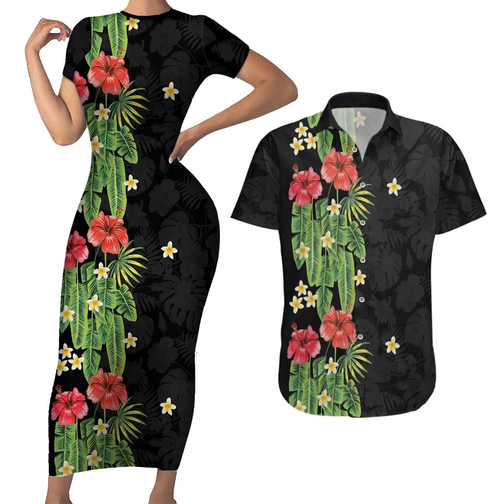 Hawaiian Hibiscus Plumeria Couples Matching Short Sleeve Bodycon Dress and Hawaiian Shirt Tropical Leaves LT01 Black - Polynesian Pride