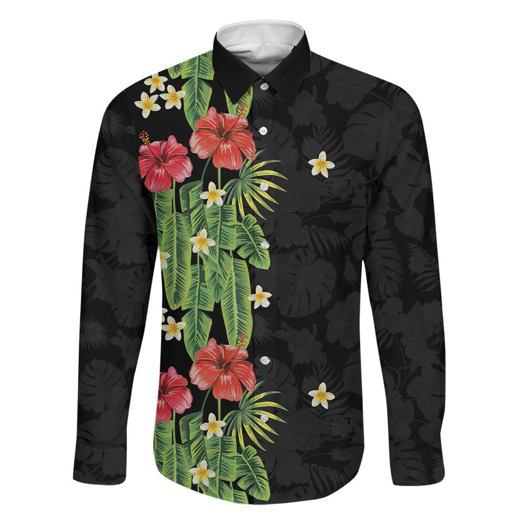 Hawaiian Hibiscus Plumeria Family Matching Puletasi and Hawaiian Shirt Tropical Leaves LT01 Dad's Shirt - Long Sleeve Black - Polynesian Pride