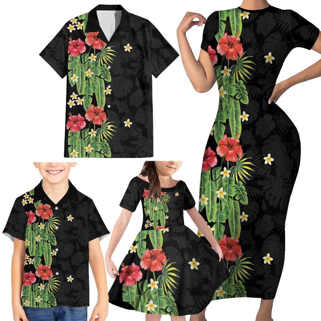 Hawaiian Hibiscus Plumeria Family Matching Short Sleeve Bodycon Dress and Hawaiian Shirt Tropical Leaves LT01 - Polynesian Pride