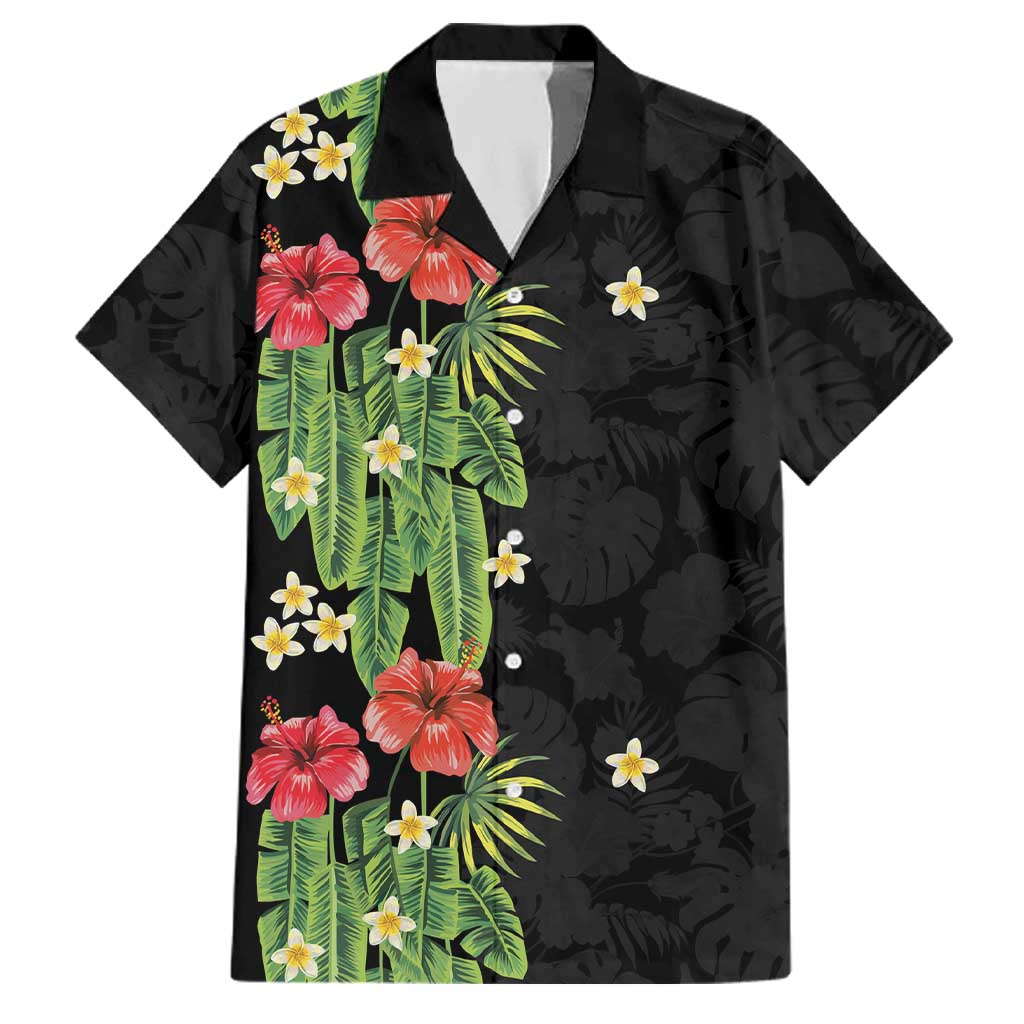 Hawaiian Hibiscus Plumeria Family Matching Short Sleeve Bodycon Dress and Hawaiian Shirt Tropical Leaves LT01 Dad's Shirt - Short Sleeve Black - Polynesian Pride