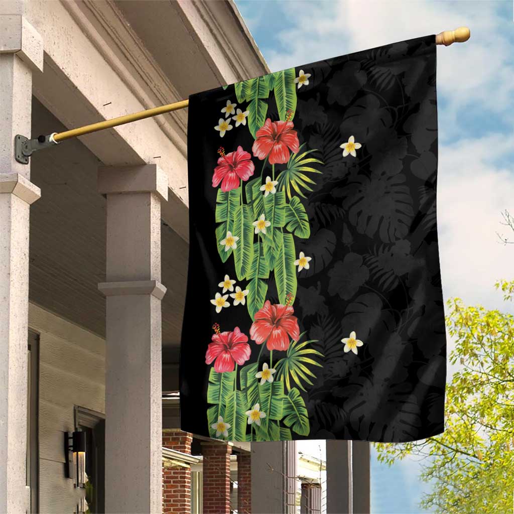 Hawaiian Hibiscus Plumeria Garden Flag Tropical Leaves LT01 House Flag Black - Polynesian Pride