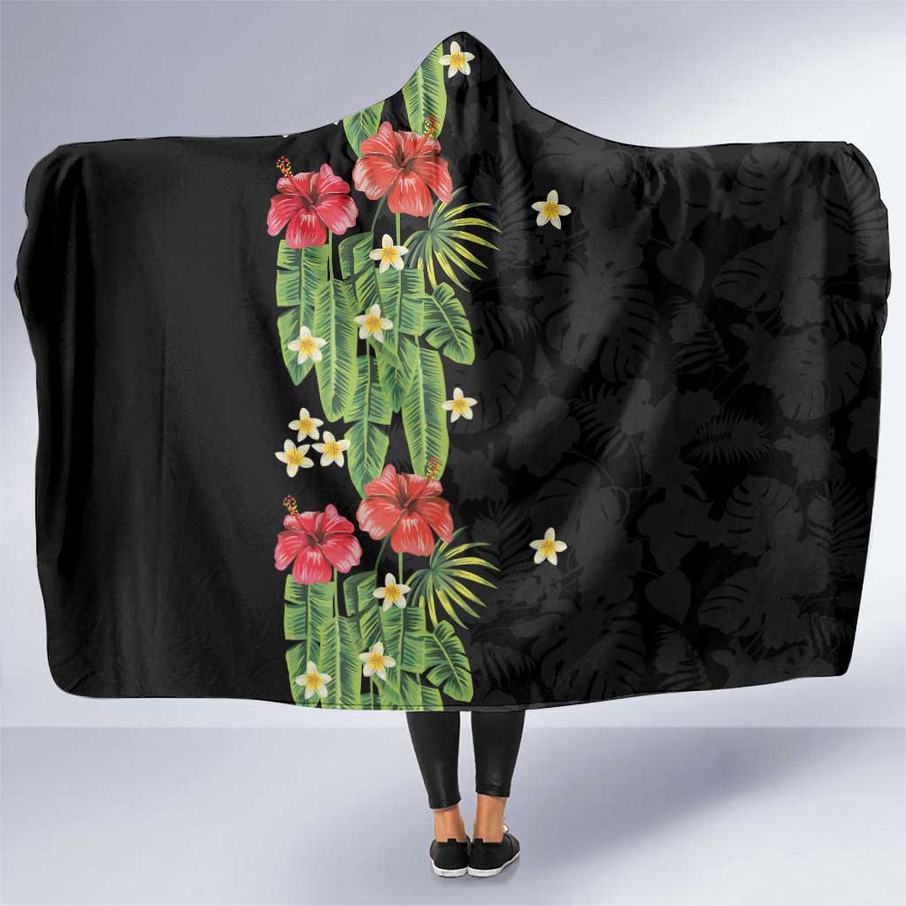 Hawaiian Hibiscus Plumeria Hooded Blanket Tropical Leaves LT01 One Size Black - Polynesian Pride