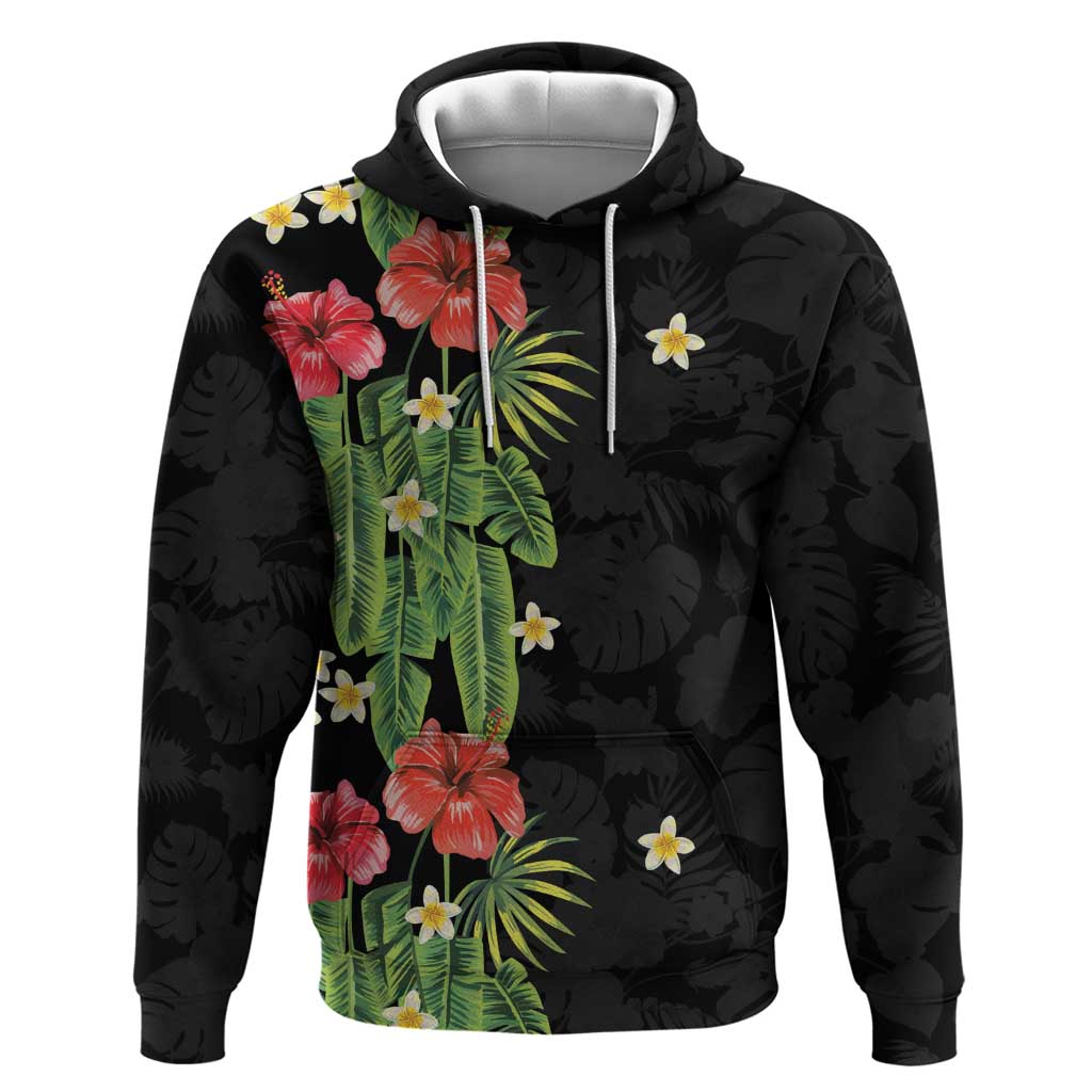 Hawaiian Hibiscus Plumeria Hoodie Tropical Leaves LT01 Pullover Hoodie Black - Polynesian Pride