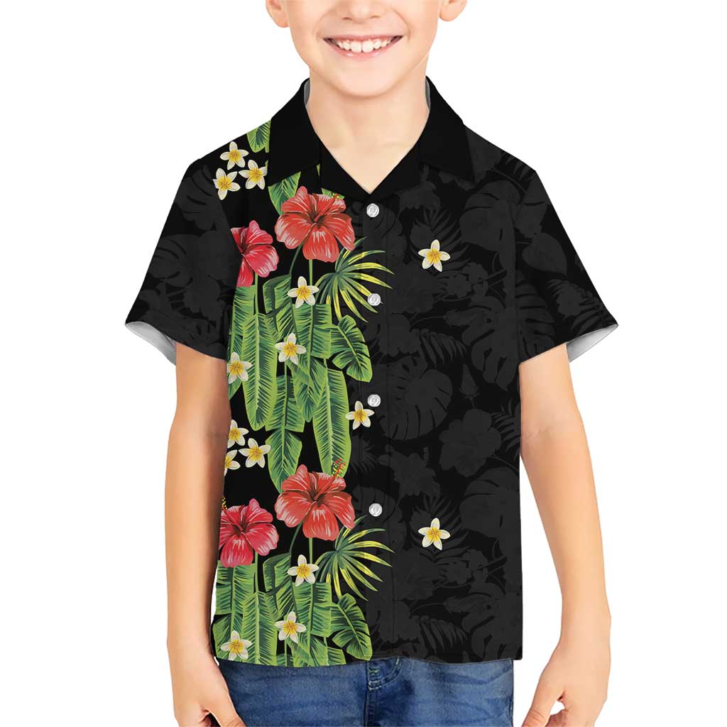 Hawaiian Hibiscus Plumeria Kid Hawaiian Shirt Tropical Leaves LT01 Kid Black - Polynesian Pride