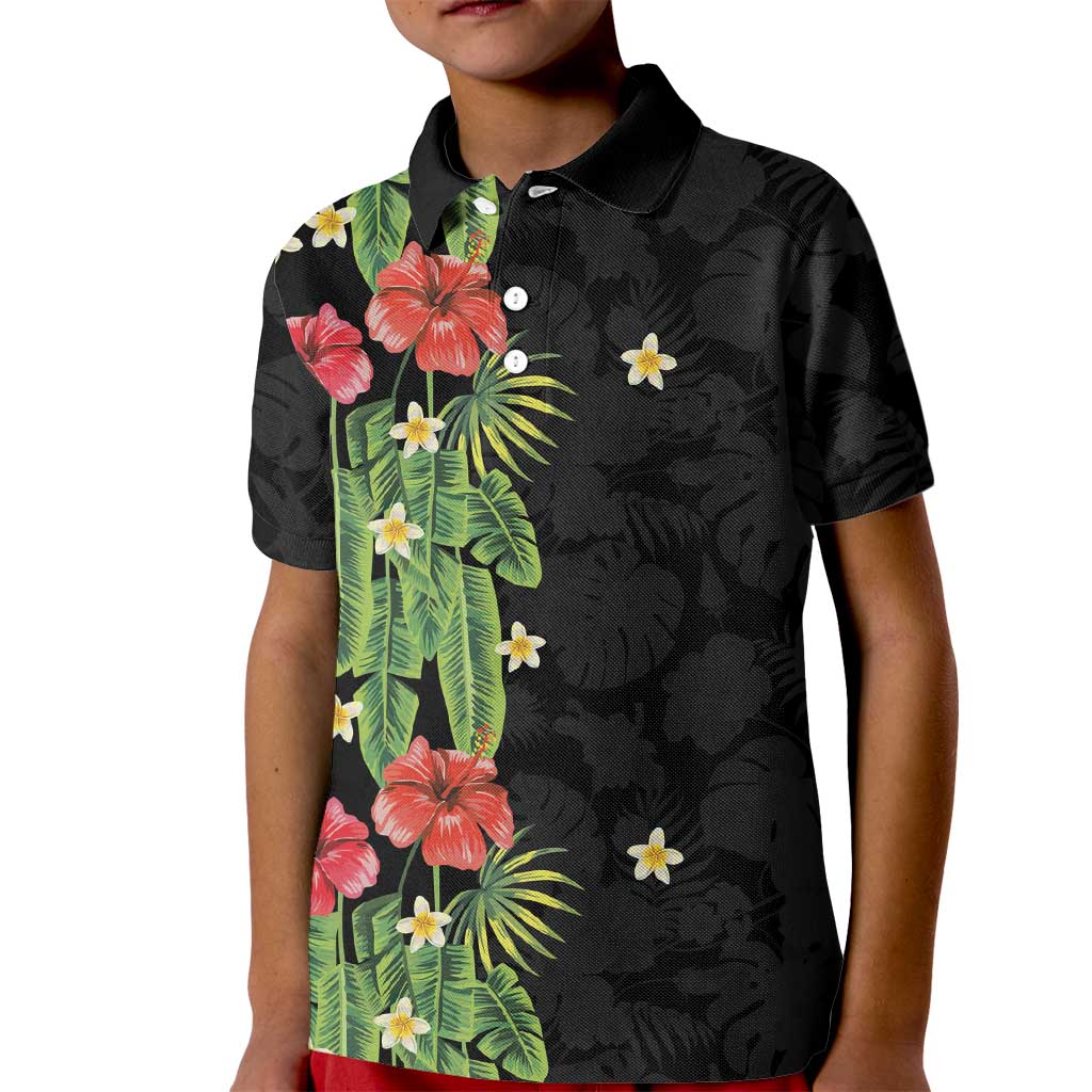 Hawaiian Hibiscus Plumeria Kid Polo Shirt Tropical Leaves LT01 Kid Black - Polynesian Pride